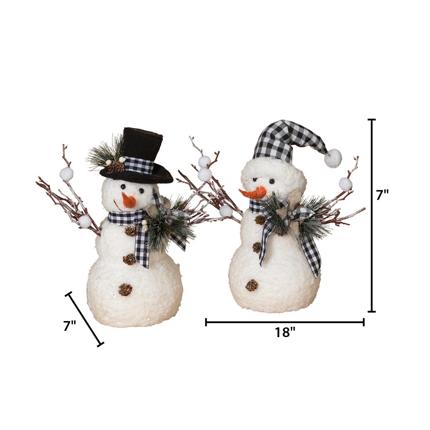 Set of 2 18"H Holiday Snowman with Pine & Fabric Bow